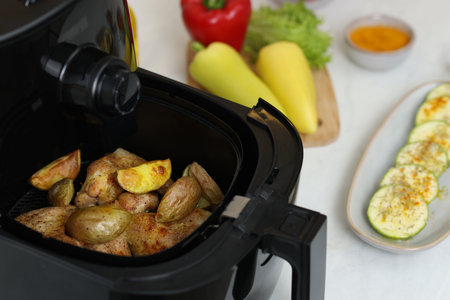 Air fryer with grilled chicken wings, potato wedges, vegetables and spices on white marble table, closeupの写真素材