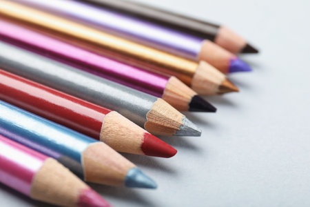 Different eye pencils on light background, closeupの写真素材