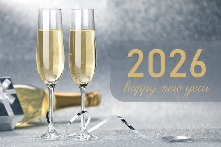 Happy New Year 2026 greeting card with glasses of sparkling wine on silver background