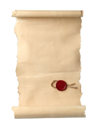 Scroll of old parchment paper with wax seal isolated on whiteの写真素材
