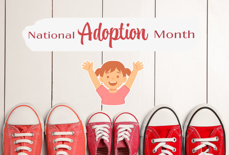 National Adoption Month poster with illustration of little girl and sneakers for all family members on white wooden background, top viewの写真素材