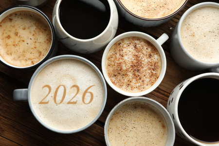 Cup of coffee with numbers among others on table, top viewの写真素材