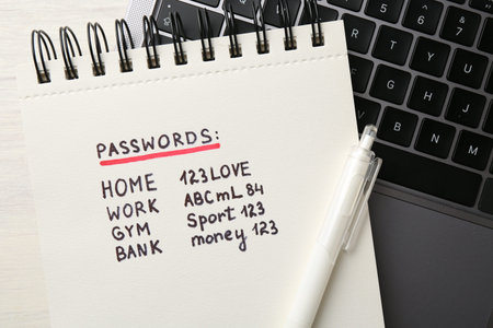 Notebook with different passwords, laptop and pen on table, top view