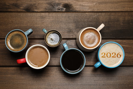 Cup of coffee with numbers among others on wooden table, top viewの写真素材