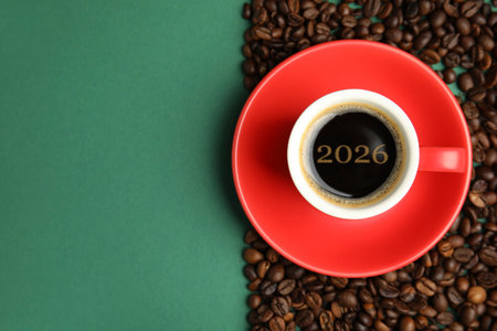 Hello New 2026 Year. Cup of coffee with numbers and roasted beans on green background, top viewの写真素材