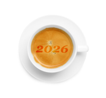 Cup of coffee with numbers on white background, top viewの写真素材