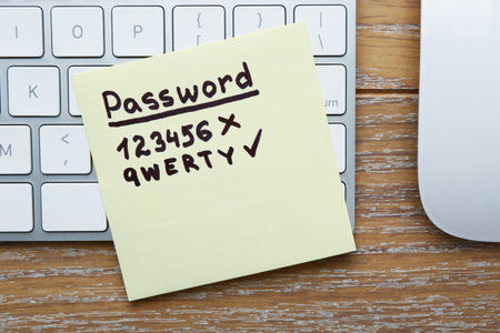 Changing password. Sticky note with weak and strong passcodes, computer keyboard and mouse on wooden table, flat layの写真素材