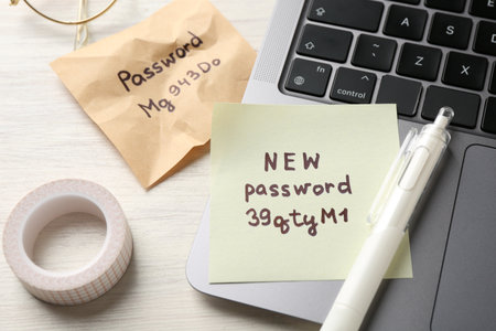 Paper notes with old and new passwords, pen, tape and laptop on white wooden desk, closeupの写真素材