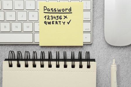 Changing password. Sticky note with weak and strong passcodes, computer keyboard, mouse and stationery on gray table, flat layの写真素材