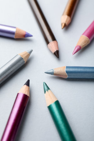 Different eye pencils on light background, closeupの写真素材