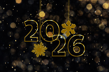 Happy New Year card. Golden numbers 2026 and snowflakes against black background, bokeh lights