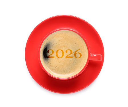 Hello New 2026 Year. Cup of coffee with numbers on white background, top viewの写真素材