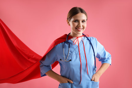 Medical worker wearing superhero cape on pink backgroundの写真素材