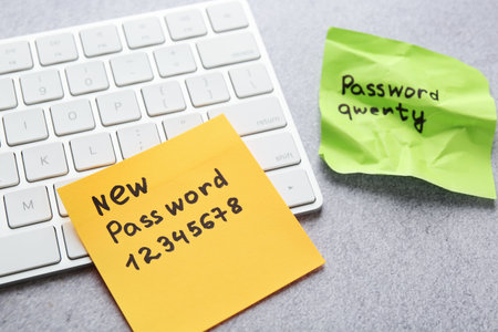 Changing password. Sticky notes with old and new passcodes near computer keyboard on gray table, closeupの写真素材