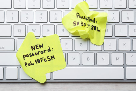 Changing password. Paper notes with new and old passwords and keyboard on table, top view