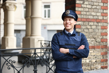 Portrait of smiling police officer on city street. Space for textの写真素材