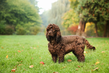 Beautiful water spaniel dog in park. Space for textの写真素材
