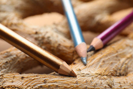 Different color eye pencils on wood, closeupの写真素材