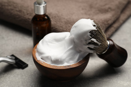 Different barber's tools on gray background, closeupの写真素材