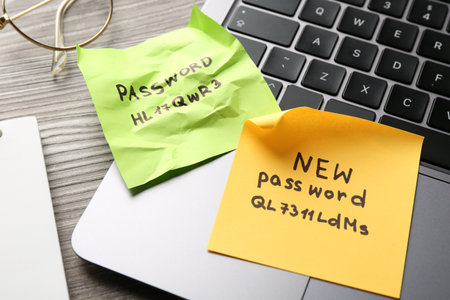 Changing password. Notes with new and old passwords, laptop and glasses on wooden table, above viewの写真素材