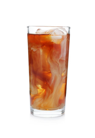Tasty iced coffee with milk in glass isolated on whiteの写真素材