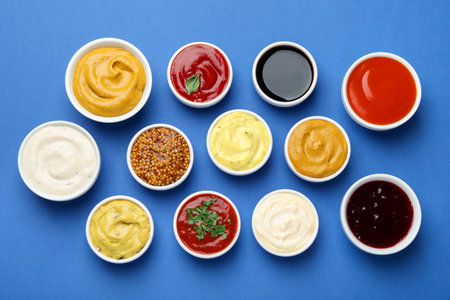 Different sauces and herbs on blue background, flat layの写真素材