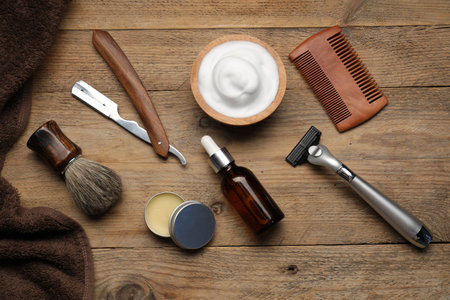 Different barber's tools on wooden background, flat layの写真素材