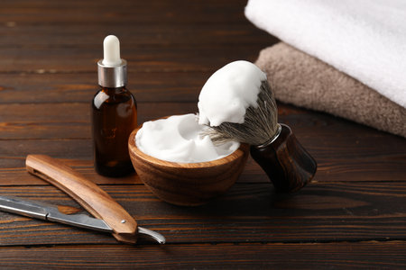 Different barber's tools on wooden background, closeupの写真素材