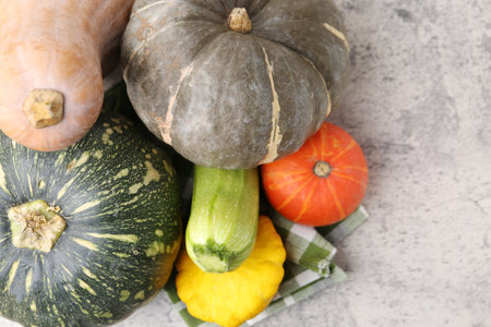 Many fresh pumpkins and other vegetables of gourd family on light gray textured table, flat lay. Space for textの写真素材