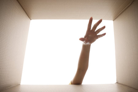 Woman reaching into cardboard box against white background, closeup. View from inside packageの写真素材