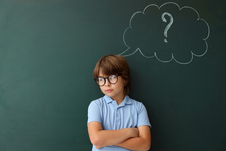Back to school. Boy near chalkboard with drawn thought bubble and question mark indoorsの写真素材