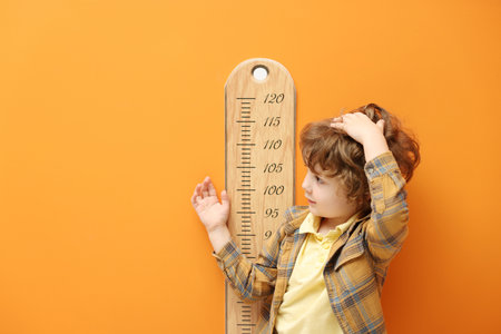 Little boy measuring his height with chart near orange wall, space for textの写真素材