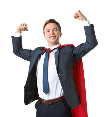Businessman wearing superhero cape on white backgroundの写真素材