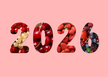 Numbers 2026 with berries inside on pink background. New Year cardの写真素材