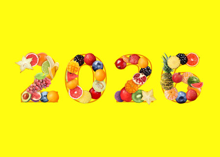 Numbers 2026 with fruits inside on yellow background.