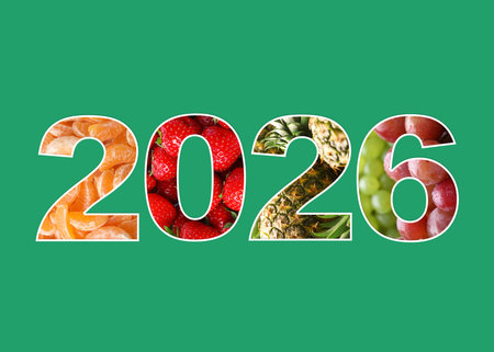 Numbers 2026 with fruits inside on dark turquoise background. New Year card