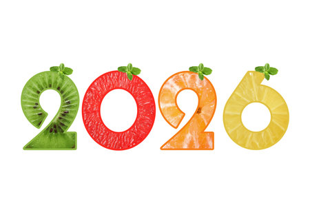 Numbers 2026 with fruits inside and mint leaves on white background. New Year card