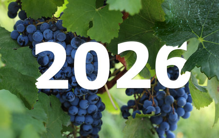 2026 numbers and grape plant with berries. New Year cardの写真素材