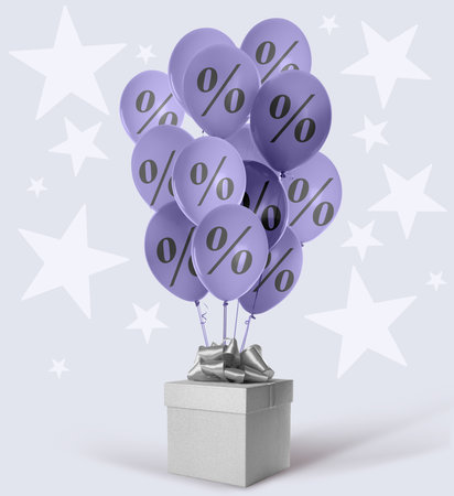 Balloons with percent signs and gift box on light gray backgroundの写真素材