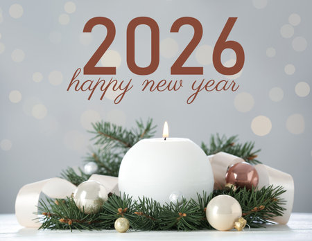 Happy New Year 2026 greeting card. Christmas composition with candles and balls, bokeh lightsの写真素材