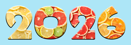 2026 numbers with citrus fruits inside on light blue background. New Year bannerの写真素材