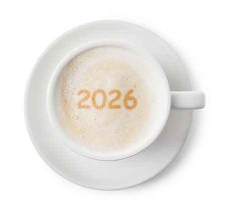 Cup of coffee with numbers on white background, top view