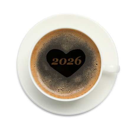 Cup of coffee with numbers and heart on white background, top view