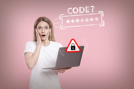 Shocked woman with laptop forgot password. Pink background