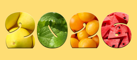 2026 numbers with fruits and mint leaves inside on yellow background. New Year banner