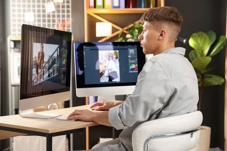 Professional retoucher editing photo on computer at table in office