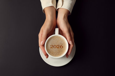 Woman holding cup of coffee with numbers on black table, top viewの写真素材