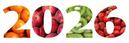 2026 numbers with fruits inside on white background. New Year banner