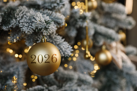Happy New Year 2026 greeting card. Festive ball with numbers hanging on Christmas tree