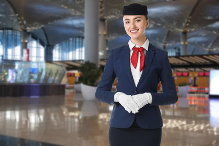 Stewardess in uniform smiling at airport terminalの写真素材